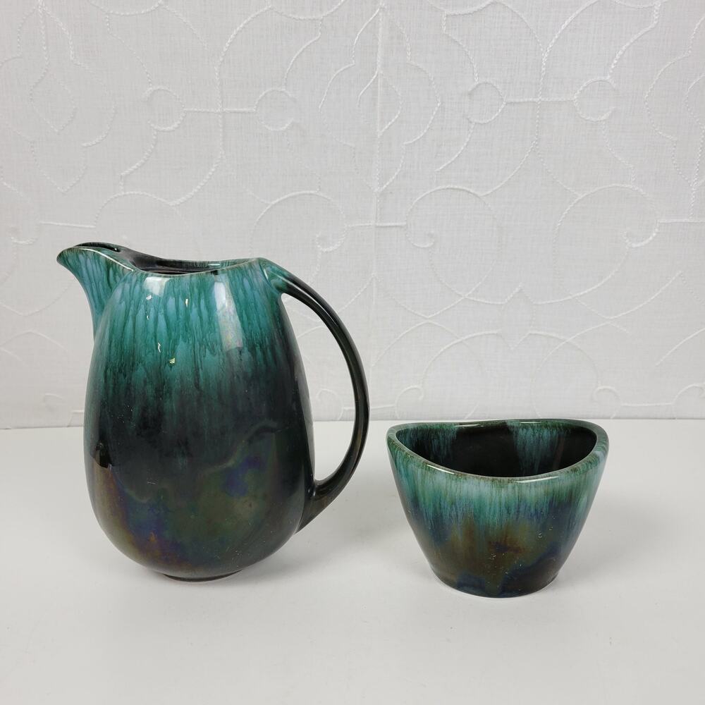 Vintage Blue Mountain Pottery Table Set Green Drip Glaze Ceramic Set of 4 - Picture 3 of 16